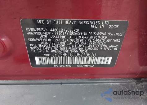 2009 Subaru Forester 2.5X from USA, damaged, VIN JF2SH61619H719670